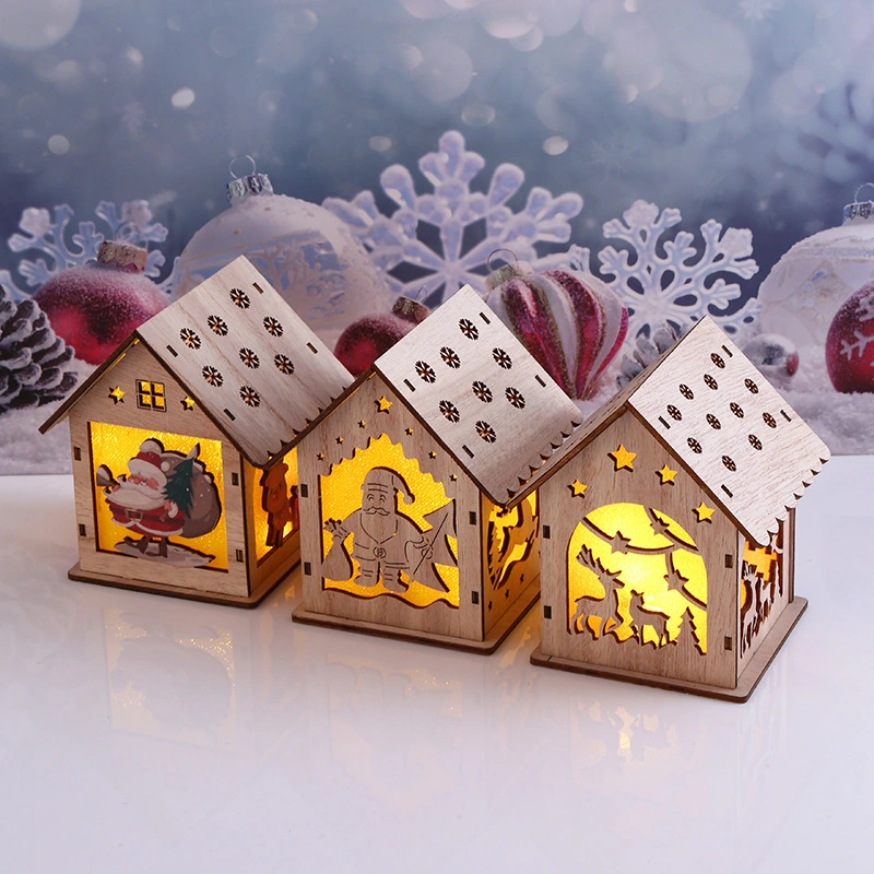 Christmas Decorations Wood Mini Candle Lanterns Wedding Ornaments LED Lighting Wood Cabin Crafts Holiday Gifts