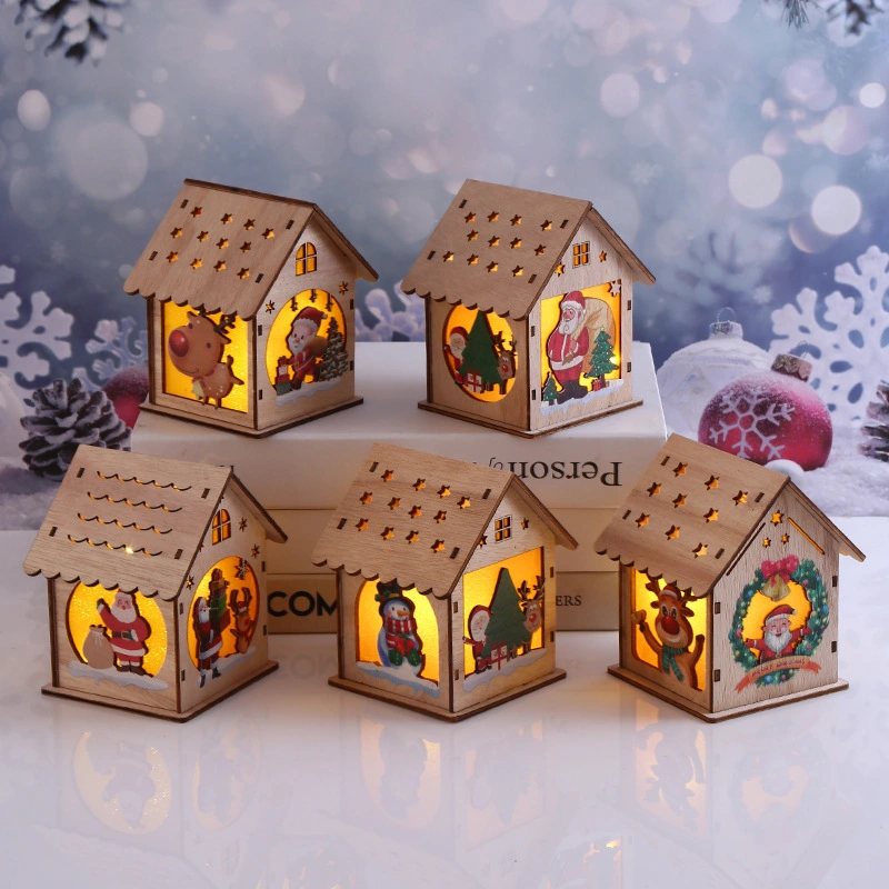 Christmas Decorations Wood Mini Candle Lanterns Wedding Ornaments LED Lighting Wood Cabin Crafts Holiday Gifts