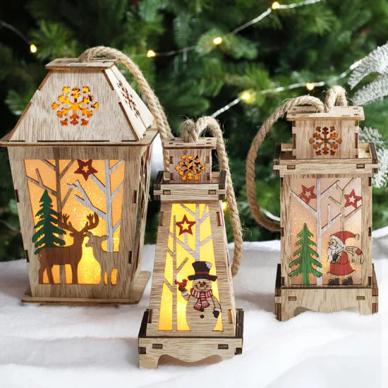 Weihnachtsdekorationen aus Holz, Mini-Kerzenlaternen, Hochzeitsornamente, LED-Beleuchtung, Holzhütte, Kunsthandwerk, Weihnachtsgeschenke